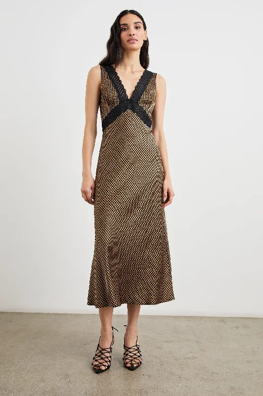 Early Bird Discount SIMONA DRESS - GOLD HOUNDSTOOTH
